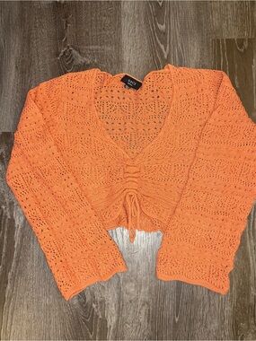 Vici Bright Orange Crochet Drawstring Crop V-neck Sweater